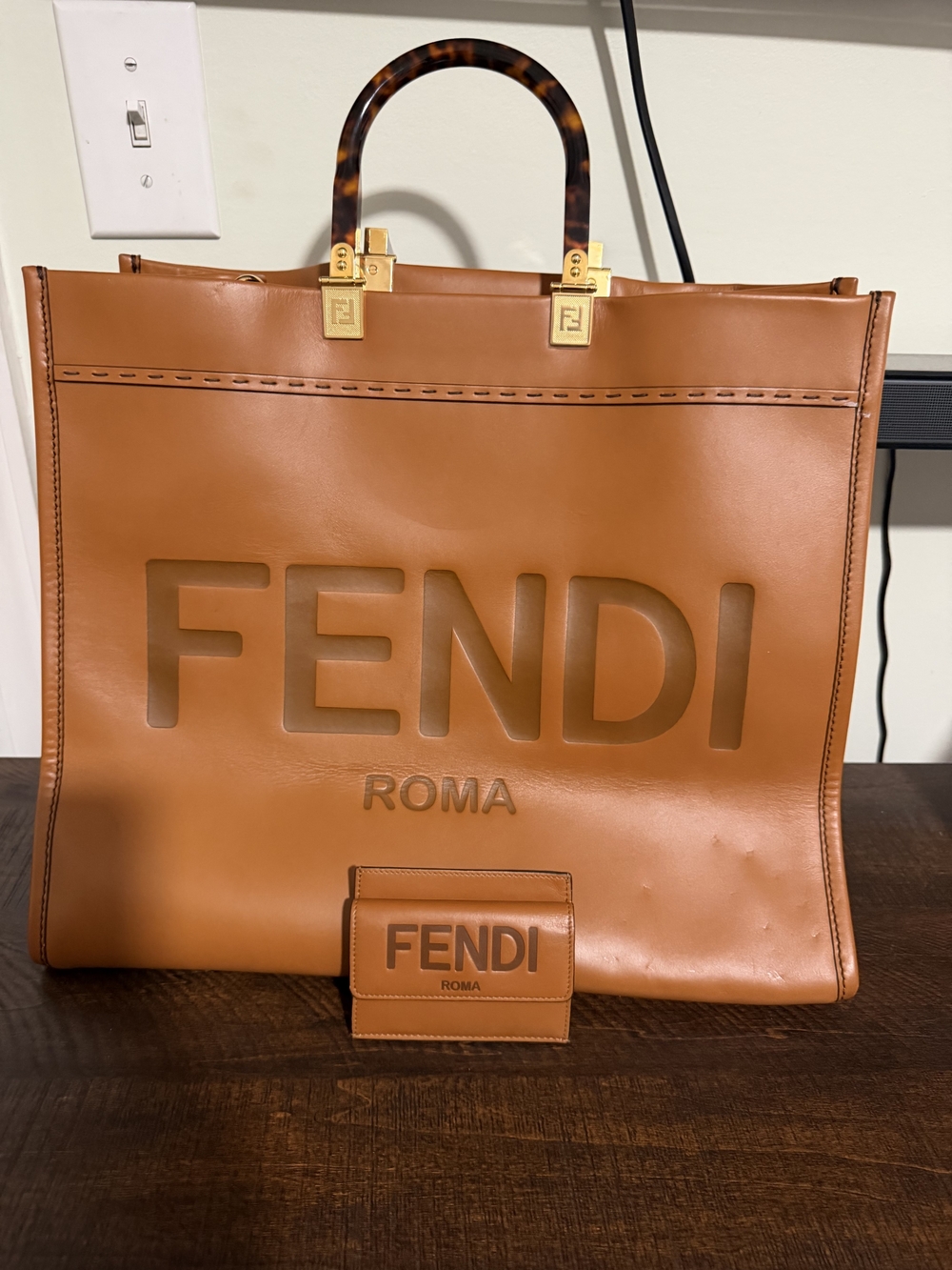 Fendi Cognac Leather Tote with Tortoiseshell Handles